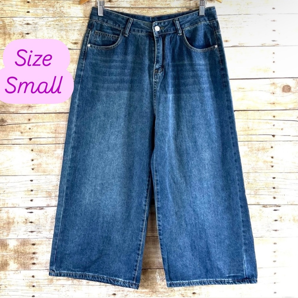 Unbranded Womens High Waisted‎ Wide Leg Cropped Jeans Medium Wash Size Small